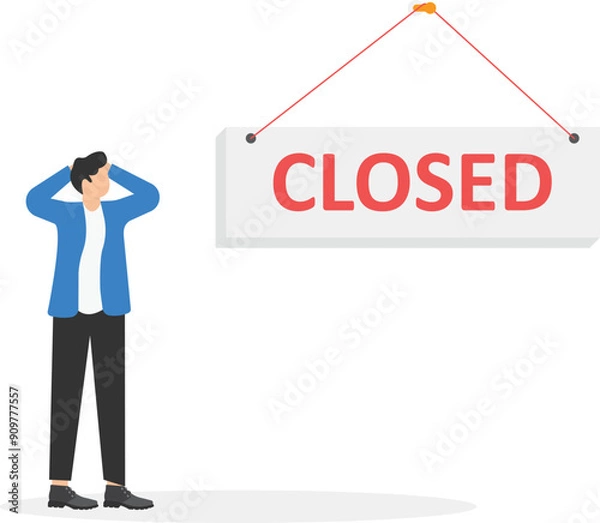 Fototapeta a man in a business suit is standing near a large white sign that says closed, a store or website is not working

