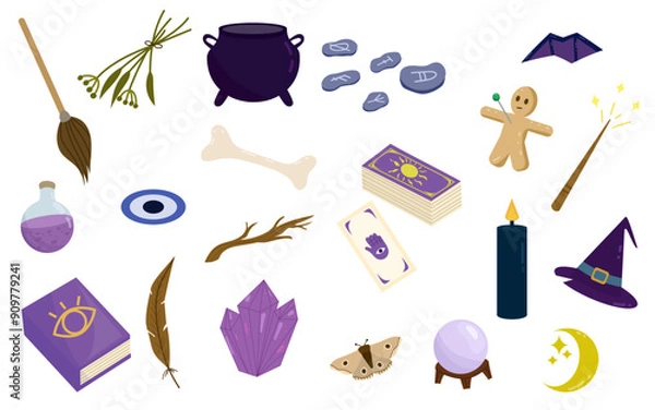 Fototapeta Collection of magic objects. Witchcraft, potion making, spell casting. Cauldron, voodoo doll, witch hat, broom, wand, crystal ball, tarot, spell book. Halloween theme set. Vector