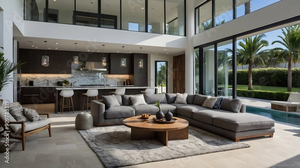 Fototapeta Cozy Living Room  in front of sea view  with Rustic Stone Walls and Corner grey Sofa