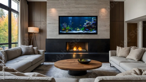 Fototapeta a design of modern living room with a aquatic aquarium  with Window-Facing Corner Sofa 