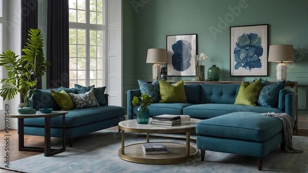 Fototapeta Rustic Stone Walls and Corner Sofa in blue and green Modern Farmhouse Living Room