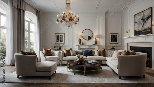 Fototapeta Corner Sofa by the Window in Rustic Stone Clad Living Room