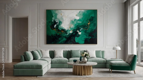 Fototapeta Corner Sofa Against Window with Stone Clad Walls in Modern Living Room