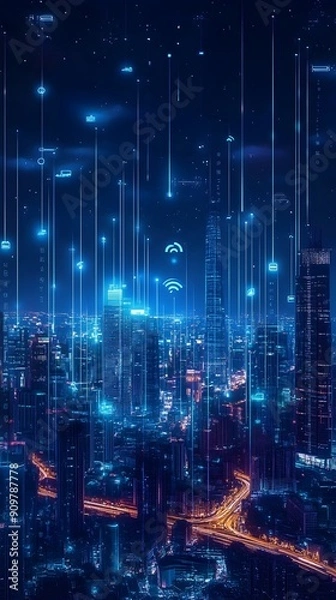Fototapeta Futuristic Metropolis with 5G and 6G Wireless Network Connectivity in the Digital Era