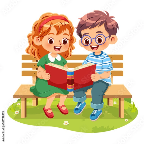 Obraz Cute little girl and boy sitting together reading book with interest on a wooden bench in a park with bright green grass