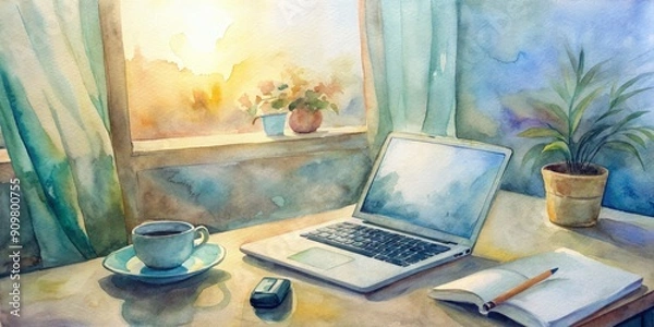 Fototapeta Cozy home workspace setup with laptop, notebook, and coffee, depicting a remote work environment for a young professional, with ample copy space.