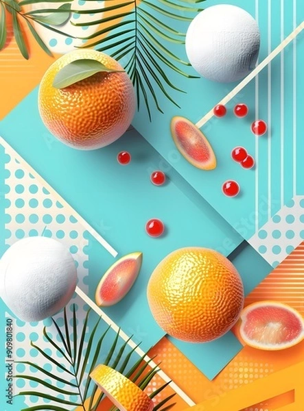 Obraz Orange and Red Fruit Slices with Palm Leaves on Geometric Background