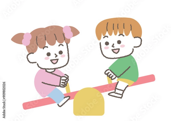 Fototapeta シーソーで遊ぶ子供たちのイラスト