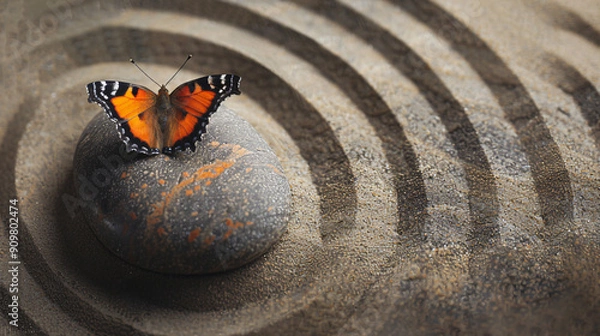 Fototapeta A peaceful image of a butterfly perched on a stone in a zen garden, surrounded by rippling sand patterns, symbolizing tranquility.
