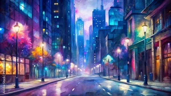 Fototapeta Vibrant city street at night with blurred bokeh lights, neon signs, and street lamps illuminating the dark pavement and surrounding tall buildings.