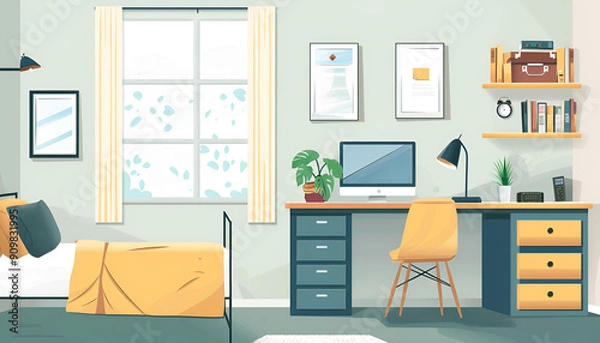 Fototapeta Simple student-style dorm bedroom. Hostel dormitory room