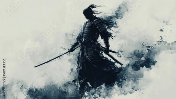 Fototapeta A generative AI image of a samurai in a classic ink wash painting style.