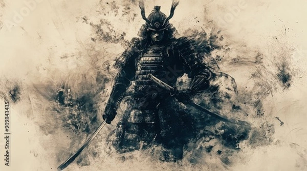 Fototapeta A generative AI image of a samurai in a classic ink wash painting style.