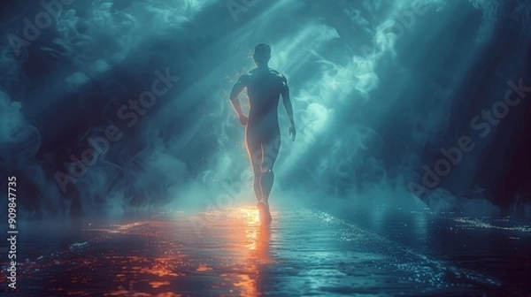 Fototapeta A Silhouette Walking Through Mystical Fog in a Dimly Lit Environment at Night