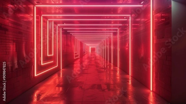 Fototapeta Futuristic Neon Lit Corridor with Reflective Surfaces and Geometric Patterns