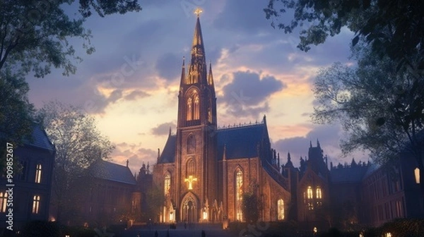 Fototapeta A grand Gothic church with a tall spire and a golden cross, illuminated by the warm glow of evening light
