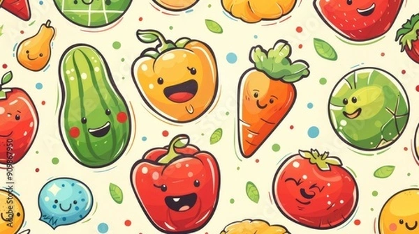 Fototapeta Fun abstract background with cartoon food items, ideal for nutrition and healthy eating lessons.