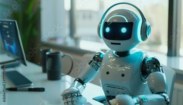 Fototapeta White Robot Working at Desk in Modern Office