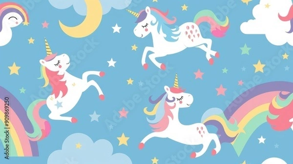 Fototapeta Whimsical background with cartoon rainbows and unicorns, ideal for imaginative play themes.