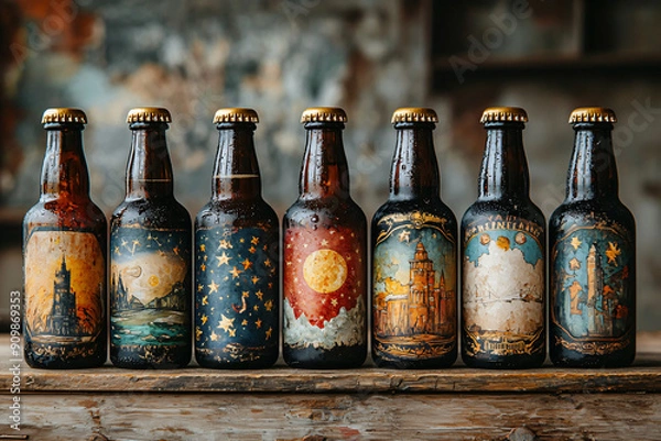 Fototapeta Handcrafted beer bottles with unique artistic labels
