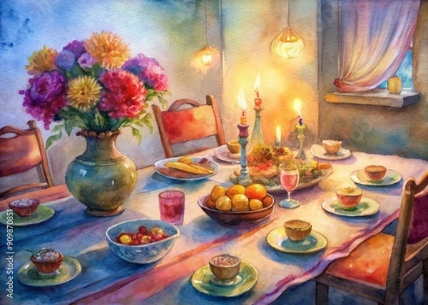 Fototapeta Cozy dining table set with delicious Indian dishes, vibrant flowers, and festive decorations, capturing warmth and joy of a family dinner celebration.