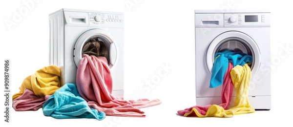 Fototapeta washing machine and clothes isolated on transparent png, generative ai
