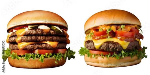 Fototapeta Set of burger isolated white and transparent background Juicy hamburger on white background