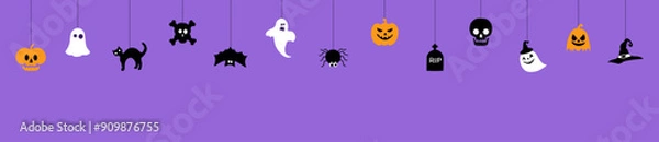Obraz Happy Halloween background vector illustration. Halloween hanging decorations on an orange background.