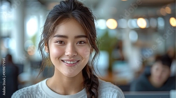 Obraz Smiling Asia woman sitting at a computer, office setting, detailed and realistic, modern workspace, professional environment, happy expression. Generative AI.