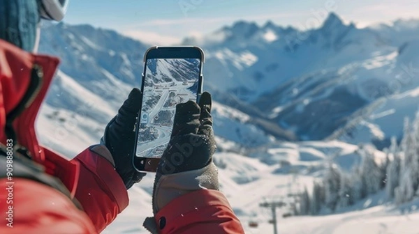 Fototapeta Winter Wanderlust Exploring the Slopes with Ski Resort Map App Adventure Awaits in Snowy Mountains