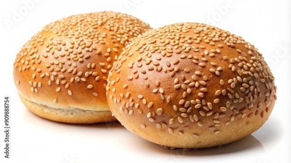 Fototapeta Softly baked sesame seed hamburger buns isolated on a transparent background, perfectly lit to highlight the intricate texture and delicate details of the bread.