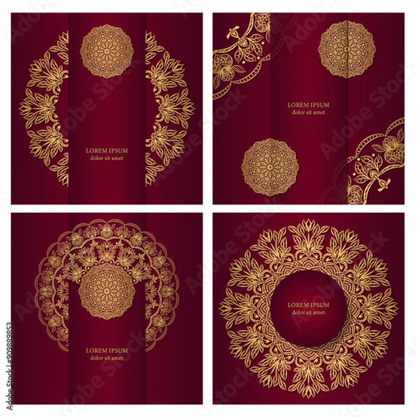 Obraz Mandala. Four square backgrounds in red colour with gold luxurious ornamentation. Ethnic pattern in the design of the cover, postcard, packaging. Set of templates for posts in social networks.