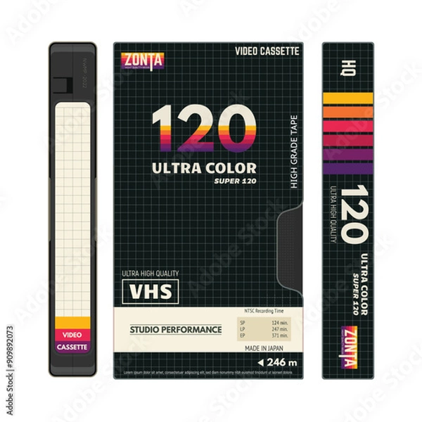 Fototapeta Retro style VHS video cassettes front view with label and black cover, cover side view. Empty labels with lines for text. Magnetic cassette label fantasy 90s cover design. Vector illustration.