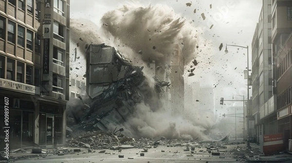 Fototapeta Destroyed industrial building, can be used as demolition, earthquake, bomb, terrorist attack or natural disaster concept. Series. AI generated illustration