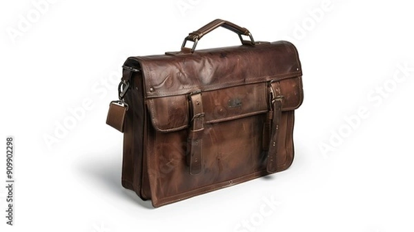 Obraz Brown leather mens bag briefcase isolated on white background PNG File : Generative AI