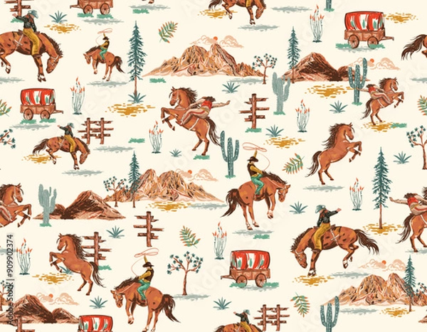 Fototapeta Cowboy and Cow girl seamless vector pattern. Howdy Cowboy boots, hat, horseshoe repeating background. Wild West surface pattern design for All fabric and Prints

