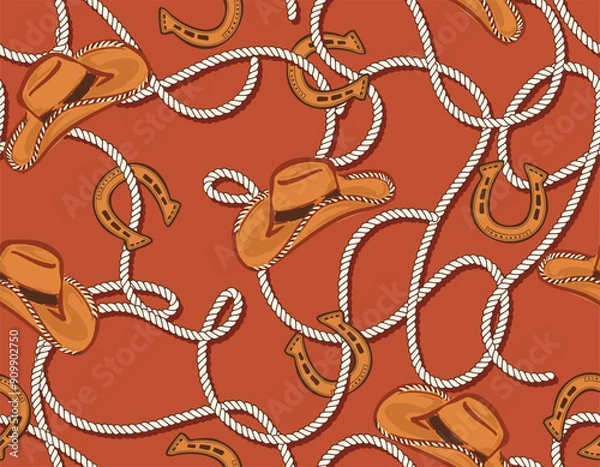Fototapeta owboy and Cow girl seamless vector pattern. Howdy Cowboy hat, horseshoe and Rope repeating background.