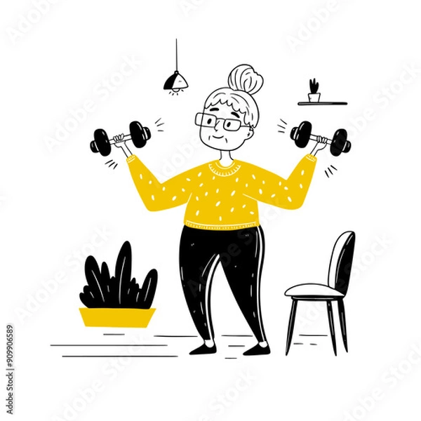 Obraz An elderly woman, old, in a tracksuit, does sports for health. A female character does sports, pumps muscles, lifts dumbbells. Vector illustration, hand-drawn in sketch style, doodles on an isolated b