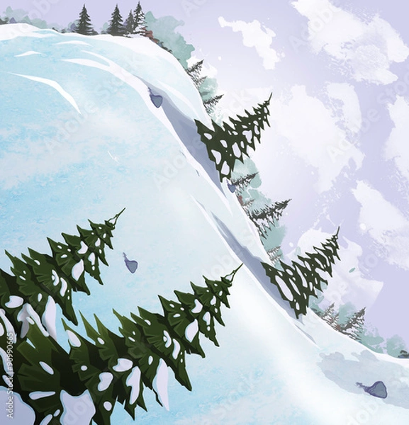 Obraz Snow slide with fir trees. Beautiful landscape. Digital raster illustration.