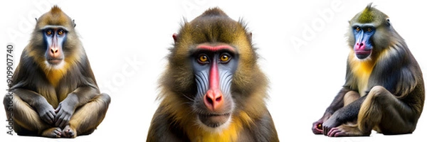 Fototapeta Mandrill monkey collection, sitting and portrait with closeup, animal bundle isolated on a white background
