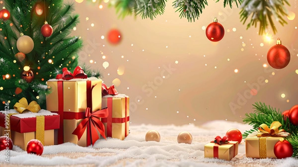 Obraz Christmas holiday background decorate with gift boxes, tree and ornaments, happy new year celebration, festive design scene 