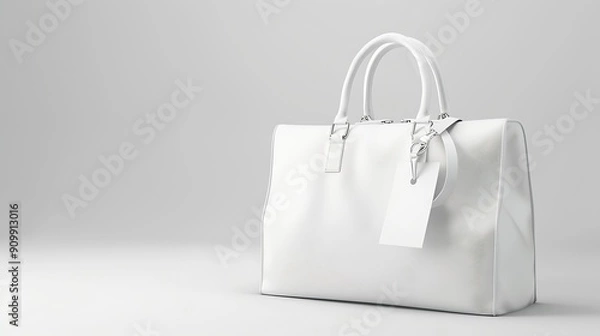Fototapeta Big white leather womens hand bag with handles and tag isolated on a white background Elegant accessories for businesswomen Mockup for online fashion store or blog : Generative AI