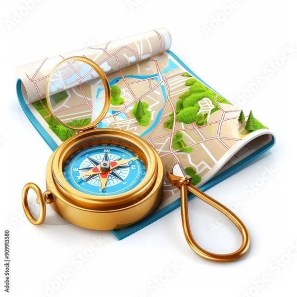 Fototapeta Golden compass and detailed map for orienteering and adventure planning, representing exploration, navigation, and travel guidance.