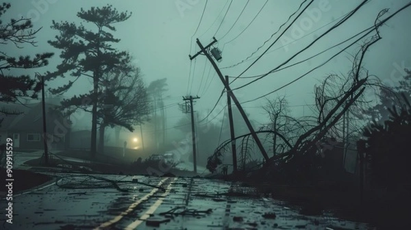 Fototapeta Electricity outage as consequences of natural disaster. Damaged power lines after hurricane wind broke tree limbs suburban area. AI generated illustration
