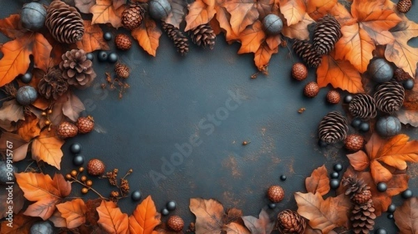 Obraz Autumn Leaves and Pine Cones Frame, Warm Colors, Festive Fall Decoration with Copy Space