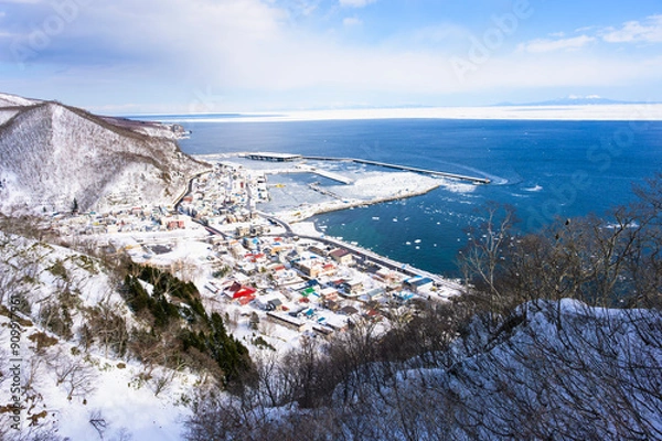 Obraz 2月の羅臼町の街並みと国後島