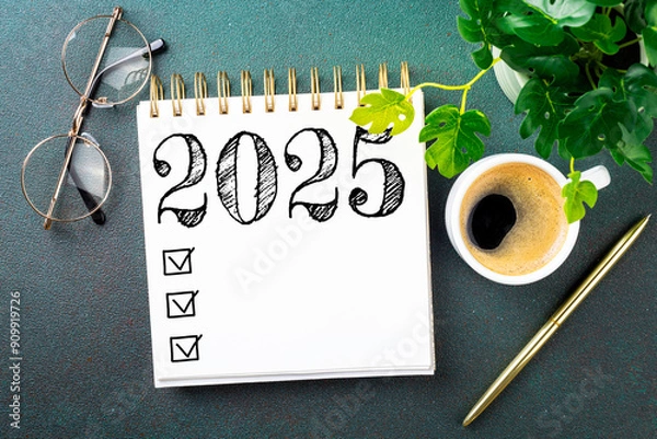 Fototapeta New year resolutions 2025 on desk. 2025 resolutions list with notebook, coffee cup on table. Goals, resolutions, plan, action, checklist concept. New Year 2025 template, copy space