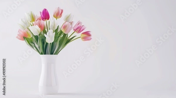 Obraz Elegant mixed pastel colored spring bouquet in white vase on white background Spring flowers Tulips bouquet : Generative AI