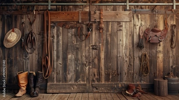 Fototapeta Rustic Equestrian Charm Vintage Barnwood Backdrop with Saddles Bridles and Riding Boots Perfect for Horse Farming and Country Lifestyle Themes