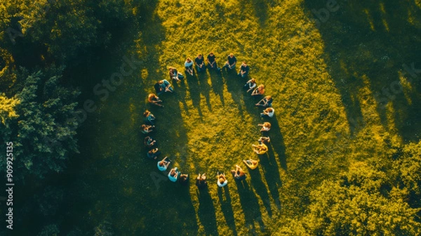 Obraz Small gathering of people sitting in circle on grassy field engaged in community organizing with clear sky backdrop